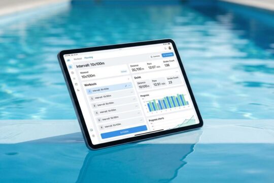Modernes Tablet am Poolrand zeigt eine intuitive, effiziente Trainingsplanung Schwimmen Software mit Metriken und Fortschrittsdiagrammen.