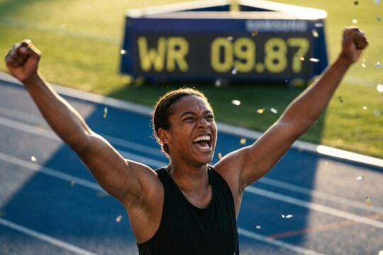 Jubelnder Sprinter überquert die Ziellinie auf blauer Bahn. Die Anzeigetafel zeigt aktuelle Leichtathletik Ergebnisse mit einem neuen Rekord.
