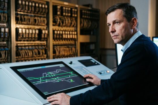 Ein Fahrdienstleiter steuert auf einer digitalen Konsole den Zugverkehr. Im Hintergrund alte Relais-Schränke, die die moderne und traditionelle Funktion eines Stellwerks vereinen.