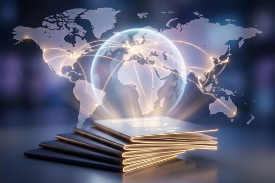 Hochwertige Reisepässe mit goldenen Kanten liegen vor einer leuchtenden Weltkugel. Sie symbolisieren die mächtigsten Reisepässe der Welt und globale Reisefreiheit.