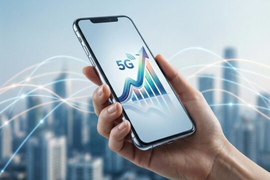 Moderne Hand hält Smartphone. Auf dem Display: Wachstumskurve und 5G-Symbol. Visualisiert den Smartphone-Markt 2025. Globale Datenströme im Hintergrund.