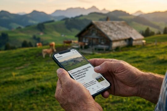 Hände halten ein Smartphone, das Nachrichten Appenzellerland auf einer App anzeigt, vor idyllischer Landschaft.