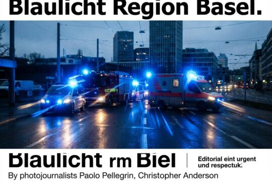Dramatische Reflexionen blauer Blinklichter von Einsatzfahrzeugen auf nassem Asphalt bei Nacht in der Blaulicht Region Basel. Zeigt Dringlichkeit und Engagement.