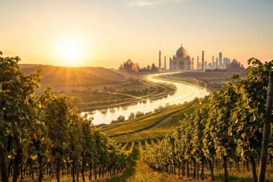 Sonnenverwöhnte Weinberge Rheinland-Pfalz' und Taj Mahal, verbunden als Symbol für den Freihandel mit Indien für Rheinland-Pfalz.