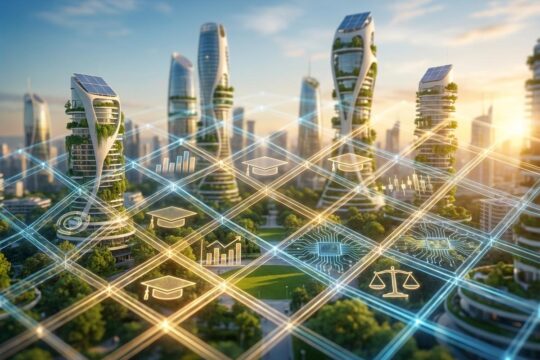 Ein leuchtendes Gitterwerk über einer futuristischen Stadt bei Sonnenaufgang zeigt starke Rahmenbedingungen für Unternehmen.