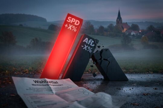 Dynamische 3D-Infografik zur Wahlumfrage MV: Roter Balken steigt für SPD, dunklerer fällt für AfD. Ein Wahlzettel liegt vor nebliger MV-Herbstlandschaft.