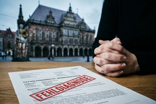Roter Stempel "FEHLDIAGNOSE" auf Brustkrebs-Pathologiebericht, angespannte Hände. Bremer Rathaus.