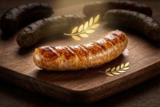 Eine goldbraun gegrillte St. Galler Bratwurst liegt knusprig auf einem Holzbrett, gekrönt mit Lorbeer. Sie siegt im St. Galler Bratwurst Ranking vor unscharfen Konkurrenten.