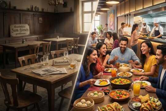 Leere, traditionelle deutsche Gaststube trifft auf belebtes, modernes asiatisches Restaurant und zeigt die Gastroszene Wittenberg im Wandel.