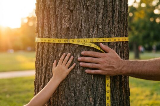 Majestätischer alter Baumstamm im urbanen Park mit Messband und schützenden Händen. Das Baumschutzreglement Binningen sichert diese Bäume generationsübergreifend.