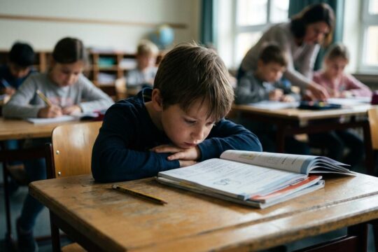 Überfordertes Grundschulkind, traurig und isoliert an einem Schultisch mit komplexem Material. Es spiegelt die Kritik am Förderschulgesetz Rheinland-Pfalz wider.