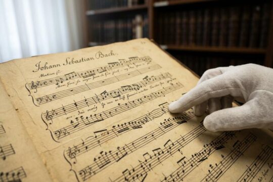 Nahaufnahme der originalen Bach Handschrift Leipzig auf vergilbtem Notenblatt. Eine behutsame Hand berührt das historische Dokument im gedämpften Licht des Archivs.