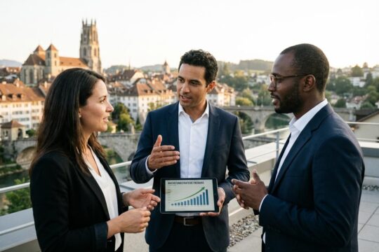 Geschäftsleute besprechen auf einer Dachterrasse mit Freiburger Skyline einen Plan, wie man im Kanton Freiburg arbeitet und Unternehmen gründet.