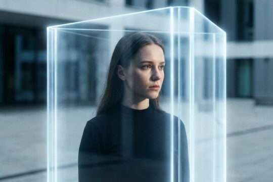 Eine junge Frau blickt ernst, umgeben von einer schützenden Lichtbarriere, die einen starken rechtlichen Schutz vor sexueller Belästigung symbolisiert.