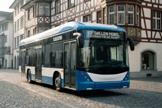 Ein topmoderner, sauberer Elektrobus steht in einer historischen St. Galler Strasse, exemplarisch für die Beschaffung Elektrobusse St. Gallen.