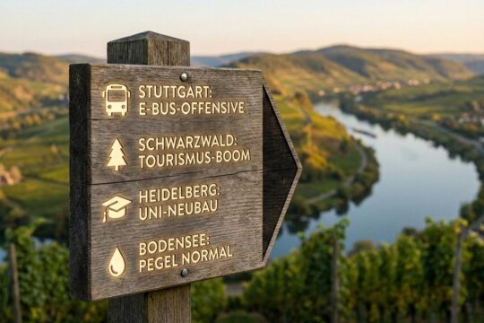 Ein verwitterter Holzpfosten zeigt Icons und Kurzmeldungen über Nachrichten Baden-Württemberg, vor abendlicher Weinlandschaft.