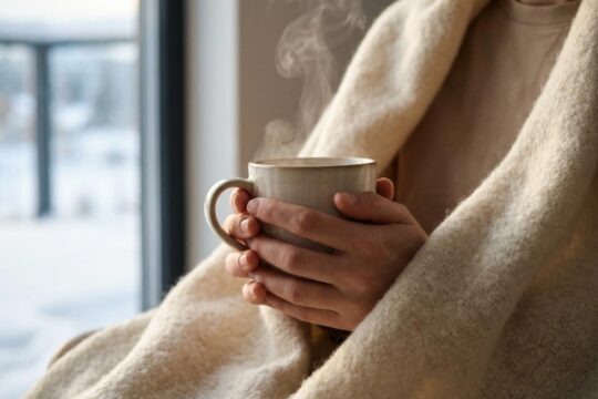 Hände halten eine dampfende Tasse, eingehüllt in eine weiche Wolldecke, vor einem kühlen Fenster. So können Sie Heizkosten sparen.