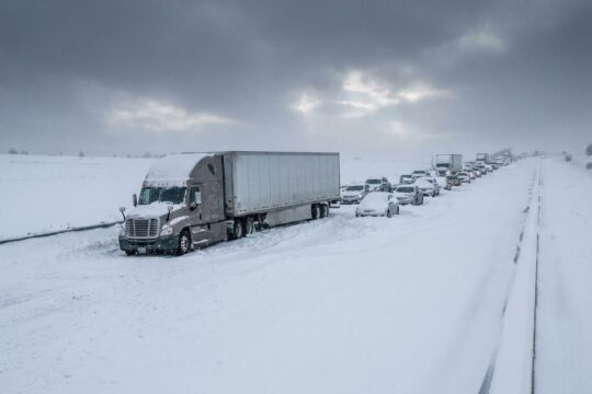 Ein querstehender Sattelzug blockiert eine schneebedeckte Autobahn. Dahinter festgefahrene Fahrzeuge im Schnee: Das Schneechaos Hessen.