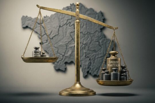 Goldene Waage mit ungleichen Schalen symbolisiert das d Hondt Verfahren Saarland und seine Stimmenverzerrung. Hinten: Saarland.