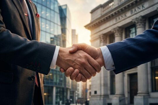 Ein fester, kraftvoller Händedruck besiegelt die Santander Webster Übernahme. Im Hintergrund verschmelzen europäische und US-Bankfassaden.