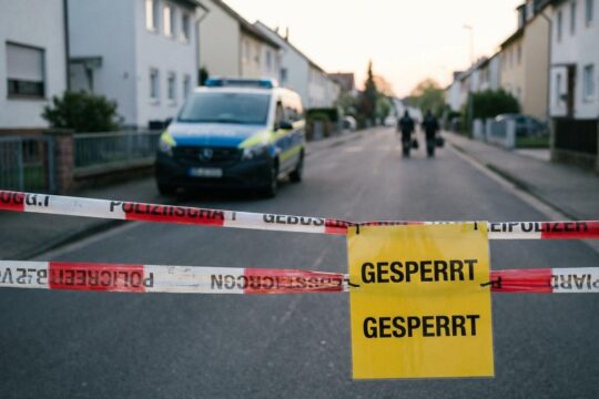 Rot-weißes Absperrband sperrt eine ruhige Wohnstraße in Darmstadt ab. Ein „GESPERRT“-Schild weist auf die Bombenfund Darmstadt Evakuierung hin.