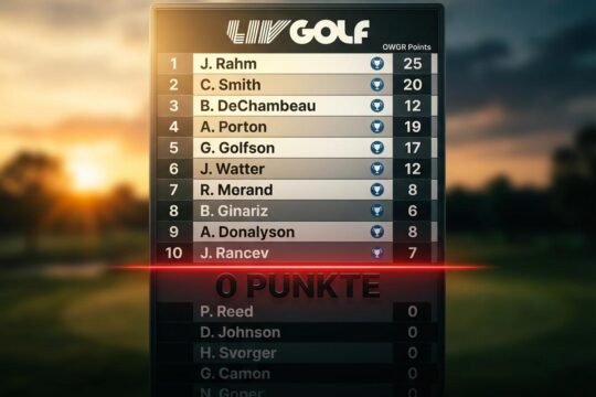 Ein digitales LIV Golf Leaderboard hebt die Top 10 mit OWGR Punkten hervor. Eine rote Linie trennt sie von Spielern ohne LIV Golf Weltranglistenpunkte.