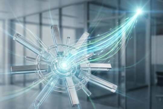 Leuchtendes Firmennetzwerk aus Metall mit aufsteigenden blauen und grünen Datenströmen symbolisiert, wie Technologie für Unternehmenswachstum genutzt wird.