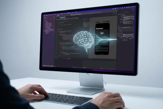 Ein Entwickler arbeitet an Xcode, das Swift-Code und ein integriertes, leuchtendes KI-Symbol anzeigt. Die KI-Agents in Xcode optimieren die App-Entwicklung durch smarte Unterstützung.