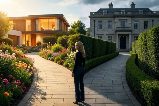 Nicola Peltz Beckham Familiendrama symbolisiert durch einen sich gabelnden Gartenweg, bei dem eine Person vor der emotionalen Wahl steht.