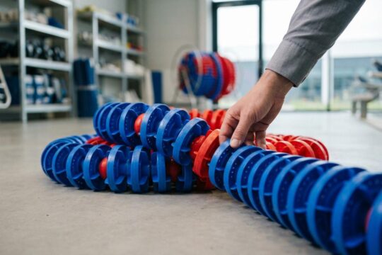 Professionelle Hand prüft sorgfältig ausgerollte, unbenutzte blaue und rote Schwimmbahnleinen. Ideal, um die richtige Wahl beim Bahnleinen kaufen zu treffen.