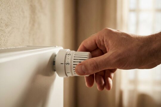 Eine gepflegte Hand dreht den Regler eines weißen Heizungsthermostats präzise auf Stufe 3. Das zeigt, wie man die Heizung richtig einstellt für mehr Effizienz und Komfort.