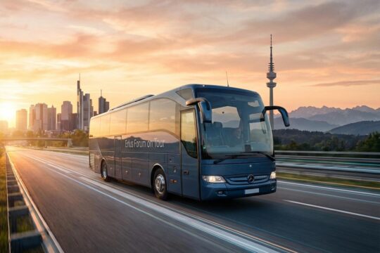 Ein Erlus-Forum on Tour-Bus fährt auf einer deutschen Autobahn. Deutsche Landmarken im warmen Sonnenlicht symbolisieren die bundesweite Tour.