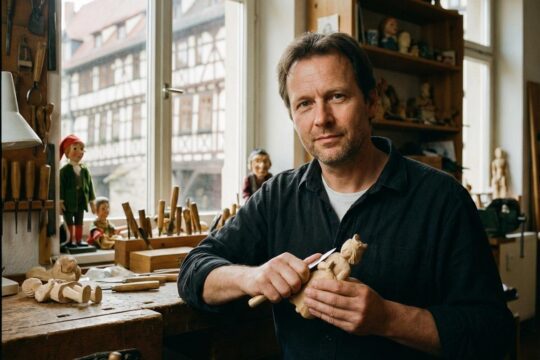 Thüringer des Monats Martin Gobsch schnitzt als Puppenmeister auf der Erfurter Krämerbrücke konzentriert an einer filigranen Holzfigur, umgeben von seinen Werken.
