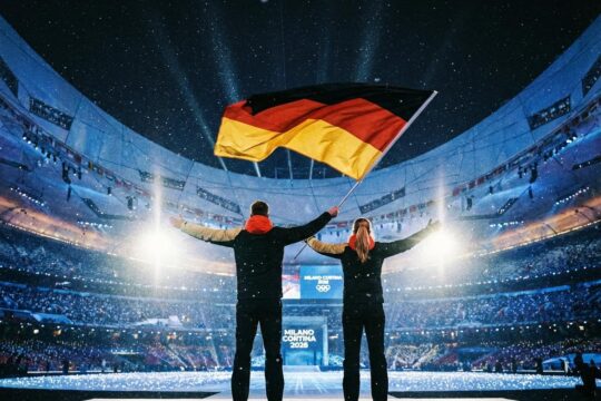 Die deutschen Fahnenträger für Olympia 2026 halten die wehende Nationalflagge stolz im feierlich beleuchteten Stadion bei Schneefall.