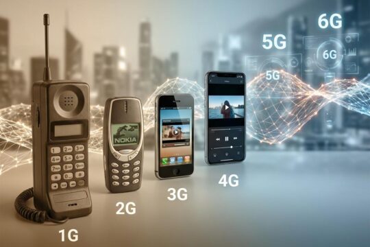 Visuelle Zeitlinie zur Geschichte der Mobilfunkgenerationen: vom 1G-Autotelefon über 2G-Handys bis zu 4G-Smartphones und futuristischen 5G/6G-Netzen.