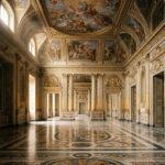 Prächtiger Innenraum eines italienischen Barockpalastes mit Goldstuck, Freskendecke und Intarsien-Marmorboden. Ein Vorgeschmack, was der Bildband italienische Paläste enthüllt.