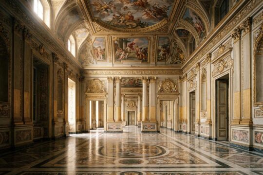 Prächtiger Innenraum eines italienischen Barockpalastes mit Goldstuck, Freskendecke und Intarsien-Marmorboden. Ein Vorgeschmack, was der Bildband italienische Paläste enthüllt.