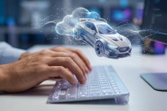 Eine Hand tippt auf einer Tastatur, um mit dem Roblox KI Tool eine detailreiche, schwebende 3D-Skulptur eines Fahrzeugs per Text zu generieren.