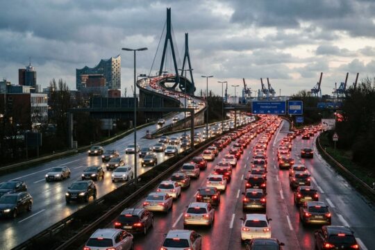 Abendliche Rushhour: Dichter Stau auf Hamburgs Autobahnen mit endlosen Autokolonnen, roten Bremslichtern und der Elbphilharmonie im Hintergrund.