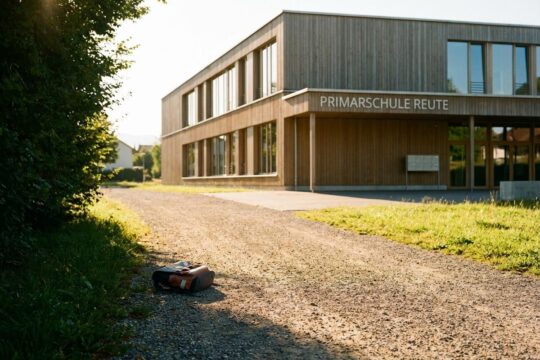 Sonniger Schulweg zur modernen Primarschule Reute, ein Ranzen am Rand deutet auf den Vorfall hin. Das Licht signalisiert Sicherheit nach dem Primarschule Reute Vorfall.