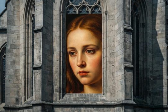 Triegels Heiligenporträt, warm gemalt, in kühle Domsteine eingebettet. Visuell der Dokumentarfilm Triegel trifft Cranach.