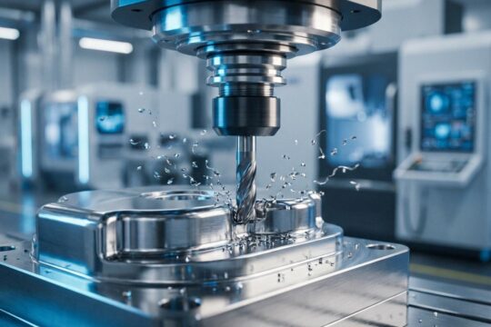 Nahaufnahme einer CNC-Fräsmaschine bei der Präzisionsbearbeitung eines Metallbauteils. Glänzende Späne illustrieren aktuelle Entwicklungen der Fertigungstechnik und Effizienz.