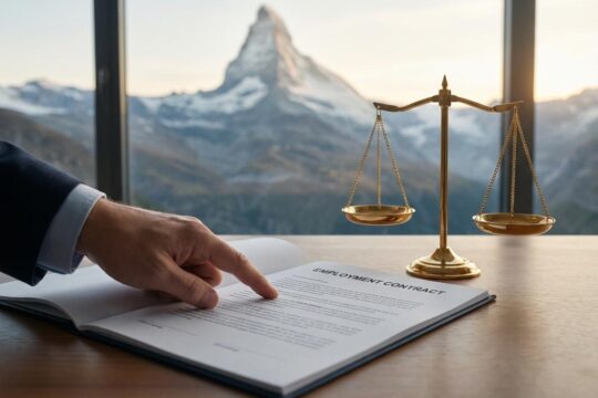 Auf einem Holztisch liegt ein Arbeitsvertrag, eine Hand tippt auf eine Stelle. Eine goldene Waage und Schweizer Berge zeigen das Arbeitsrecht Schweiz.