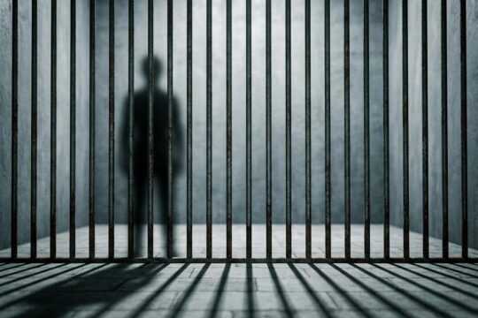 Unscharfes Schattenbild hinter massiven Gitterstäben einer kargen Zelle, dessen lange Schatten auf den Steinboden fallen. Es visualisiert die Schwere nach dem Urteil Maja T.