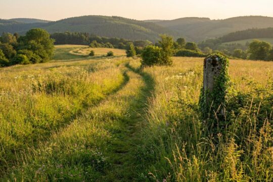 Ein gewundener Feldweg führt durch die idyllische Naturlandschaft des Grünen Bandes Hessen. Das goldene Abendlicht betont den Schutz dieser artenreichen Biodiversität.