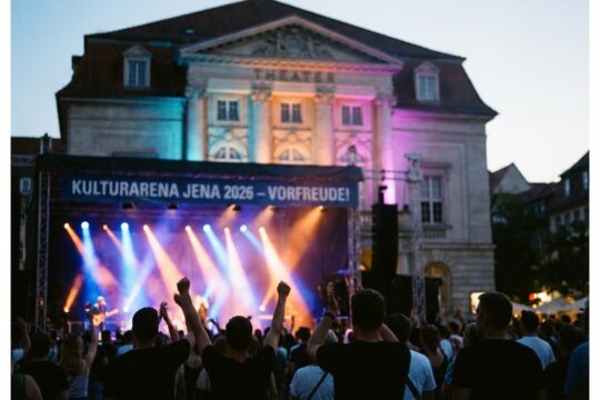 Zuschauer genießen ein Open-Air-Konzert auf dem Theatervorplatz Jena, beleuchtet von farbigen Bühnenlichtern – ein Vorgeschmack auf das Kulturarena Jena 2026 Programm.