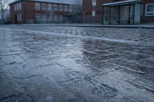 Vorsichtige Kinderfußabdrücke auf einem eisglatten Bürgersteig. Das leere Schulgebäude im Hintergrund deutet auf Schulausfall Niedersachsen Glatteis hin.