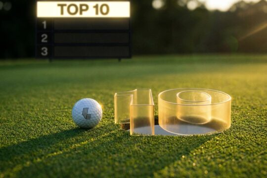 LIV-Golfball vor einem goldenen '10'-Loch auf dem Green. Die Anzeigetafel visualisiert: LIV Golf Weltranglistenpunkte nur für die Top 10.
