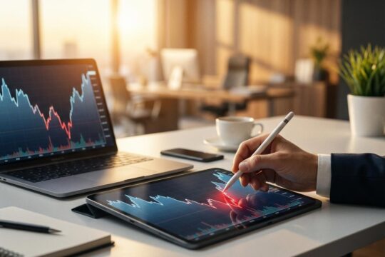 Auf einem Tablet skizziert eine Hand den Wendepunkt einer Finanzgrafik: Der Weg, um ein Startup finanziell zu sanieren und zu stabilisieren.