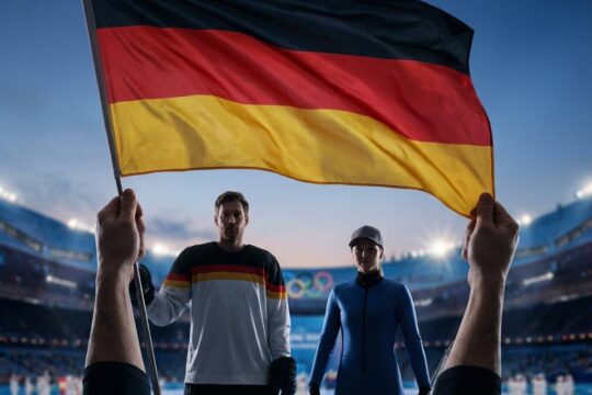 Silhouetten eines Mannes und einer Frau als deutsche Fahnenträger Olympia 2026 halten die stolz wehende Flagge vor einem leuchtenden Stadion.